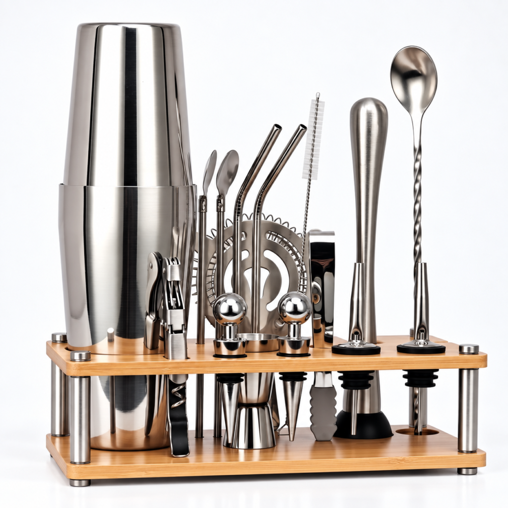 Beverage Mixing Tool Set with Wooden Stand